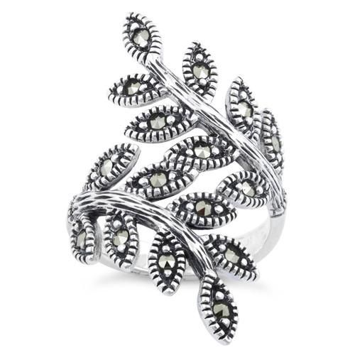 Sterling Silver Two Leaf Marcasite Ring