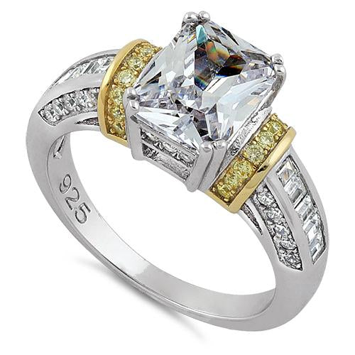 Sterling Silver Two Tone Gold Plated Emerald Cut Yellow & Clear CZ Ring