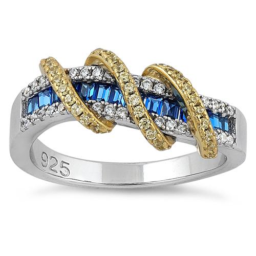 Sterling Silver Two Tone Gold Plated Exotic Twisted Yellow & Blue Spinel CZ Ring