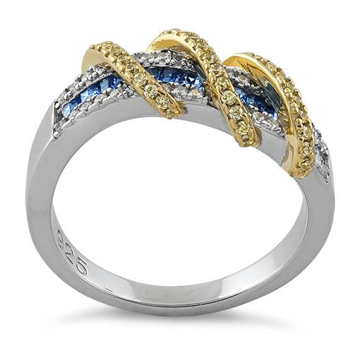Sterling Silver Two Tone Gold Plated Exotic Twisted Yellow & Blue Spinel CZ Ring