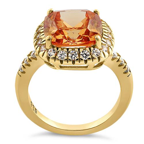 Sterling Silver Two Tone Gold Plated Halo Princess Cut Champagne CZ Ring