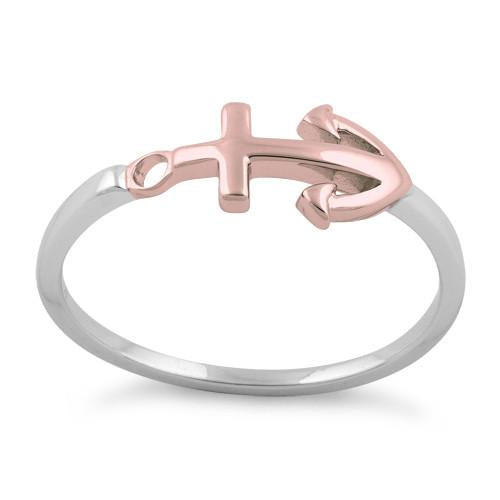 Sterling Silver Two-Tone Rose Gold Plated Anchor Ring