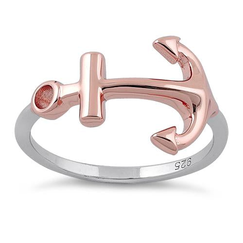Sterling Silver Two Tone Rose Gold Plated Anchor Ring
