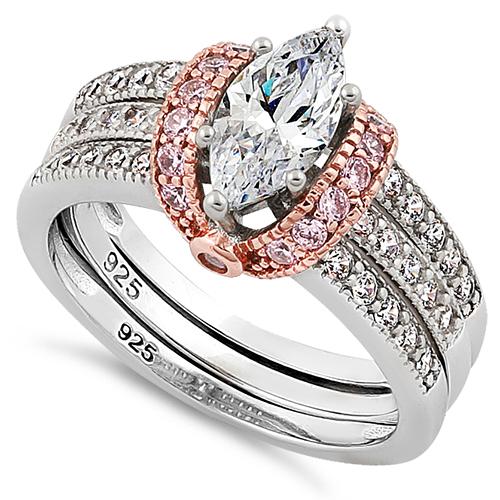 Sterling Silver Two-tone Rose Gold Plated Clear Marquise CZ Set Ring