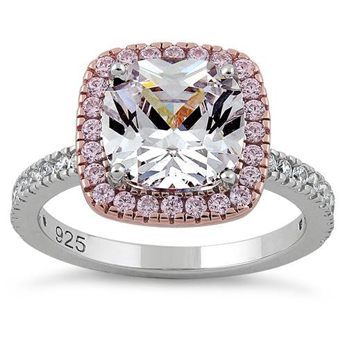 Sterling Silver Rose Gold-Plated Cushion-Cut CZ Halo Ring