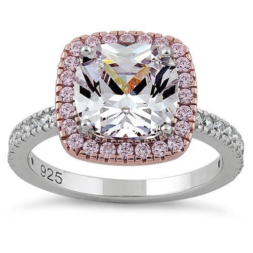 Sterling Silver Two Tone Rose Gold Plated Cushion Cut Clear & Pink CZ Ring