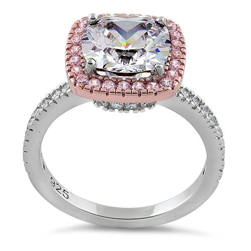 Sterling Silver Two Tone Rose Gold Plated Cushion Cut Clear & Pink CZ Ring
