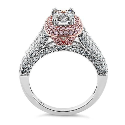 Sterling Silver Two Tone Rose Gold Plated Emerald & Round Cut Clear & Pink CZ Ring