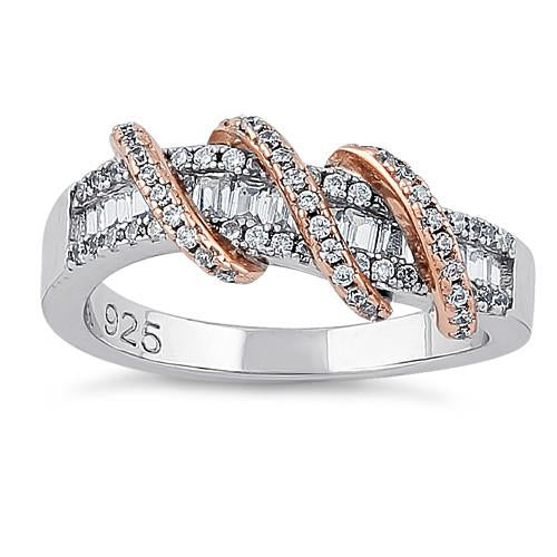 Sterling Silver Two Tone Rose Gold Plated Classic Twisted Clear CZ Ring