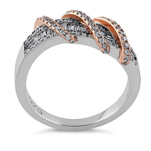 Sterling Silver Two Tone Rose Gold Plated Classic Twisted Clear CZ Ring