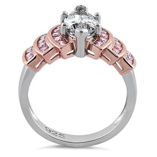 Sterling Silver Two Tone Rose Gold Marquise Engagement Clear & Pink CZ Ring