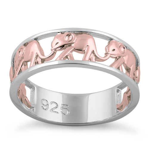 Sterling Silver Two Tone Rose Gold Plated Multiple Elephants Ring