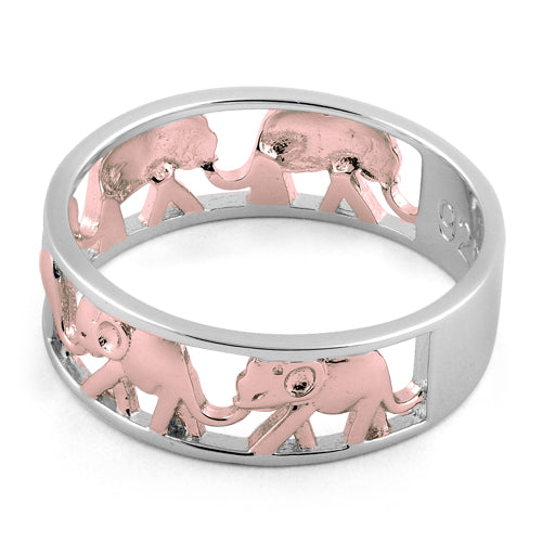 Sterling Silver Two Tone Rose Gold Plated Multiple Elephants Ring