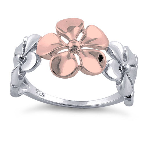 Sterling Silver Two Tone Rose Gold Plated Triple Plumeria Ring