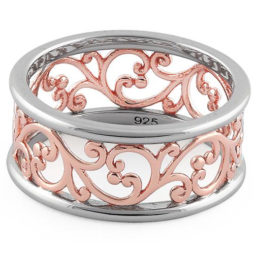 Sterling Silver Two Tone Rose Gold Plated Vines Band Ring