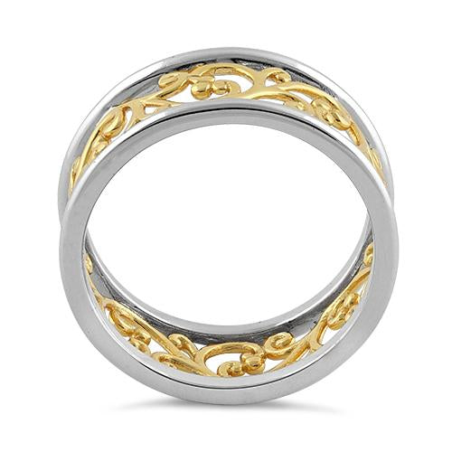 Sterling Silver Two Tone Yellow Gold Plated Vines Band Ring for Sale 7