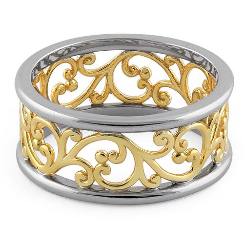 Sterling Silver Two Tone Yellow Gold Plated Vines Band Ring