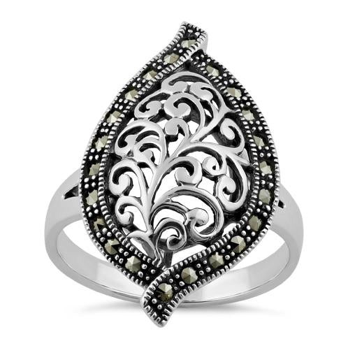 Sterling Silver Unique Leaf Marcasite Ring