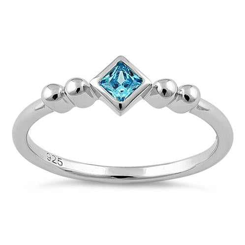Sterling Silver Unique Square Aqua Blue CZ Ring