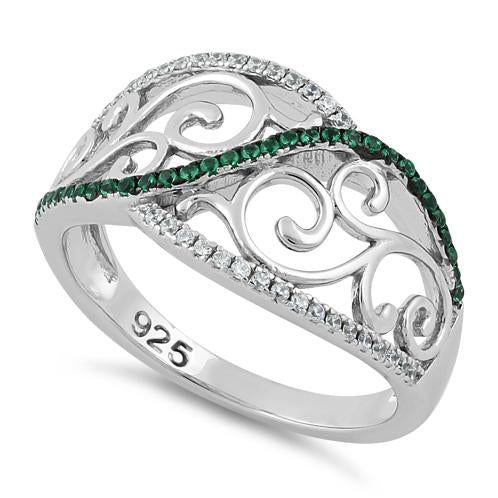 Sterling Silver Vines Emerald CZ Ring