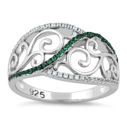 Sterling Silver Vines Emerald CZ Ring