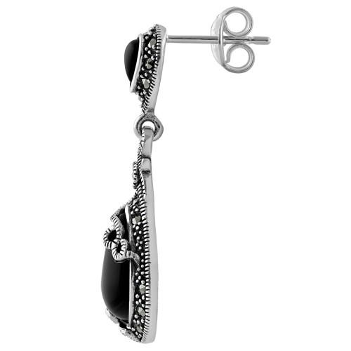 Sterling Silver Vines Tear Drop Black Onyx Marcasite Earrings