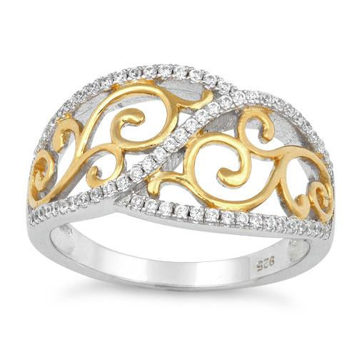 Sterling Silver Vines Two-tone Gold Plated CZ Ring