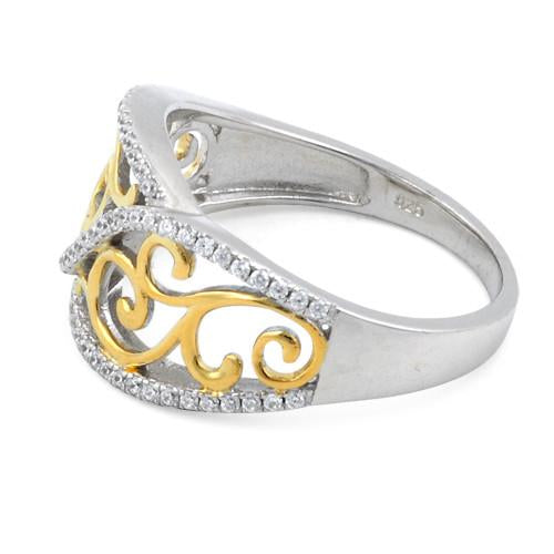 Sterling Silver Vines Two-tone Gold Plated CZ Ring