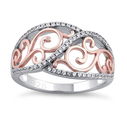 Sterling Silver Vines Two-tone Rose Gold Plated CZ Ring