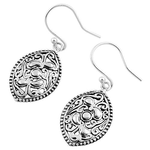 Sterling Silver Vintage Curve Pattern Marquise Hook Earrings