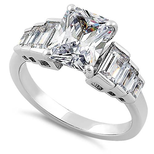 Sterling Silver Vintage Emerald Cut Engagement CZ Ring