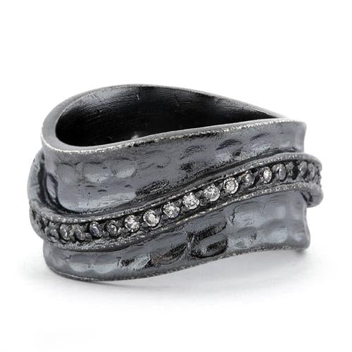 Sterling Silver Wave Oxidized CZ Ring