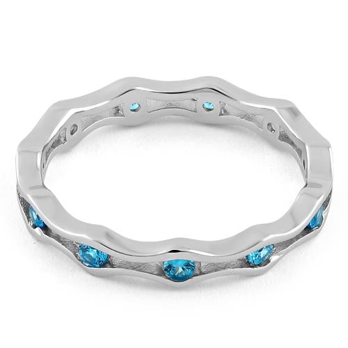 Sterling Silver Wavy Eternity Aqua Blue CZ Ring