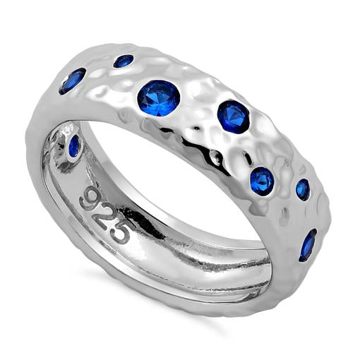 Sterling Silver Wavy Hammered Blue CZ Ring