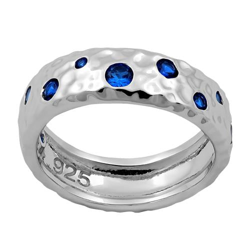 Sterling Silver Wavy Hammered Blue CZ Ring