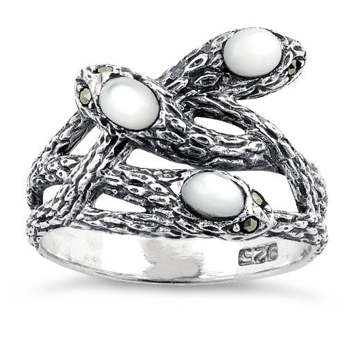 Sterling Silver Mother of Pearl Snakes Marcasite Ring