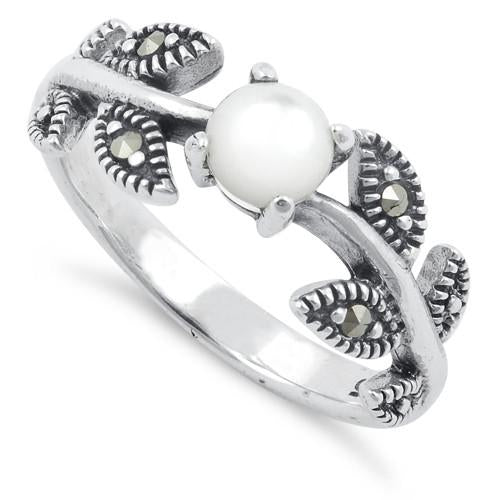 Sterling Silver Mother of Pearl Leaves Marcasite Ring