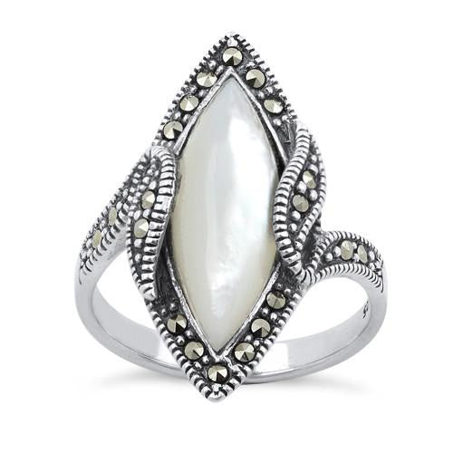 Sterling Silver Mother of Pearl Marquise Marcasite Ring