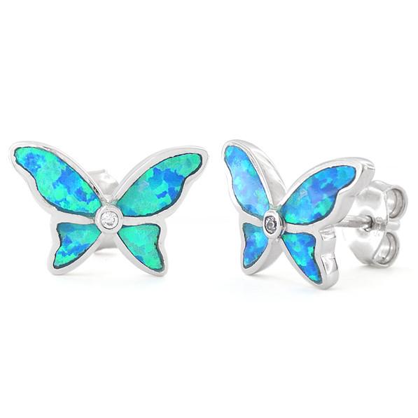 Sterling Silver Lab Opal Butterfly CZ Earrings