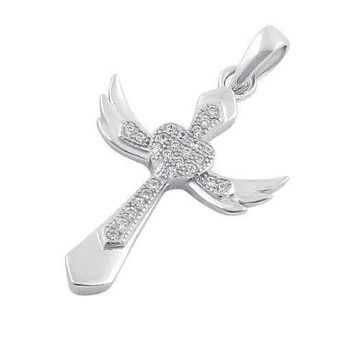 Sterling Silver Winged Cross Clear CZ Pendant