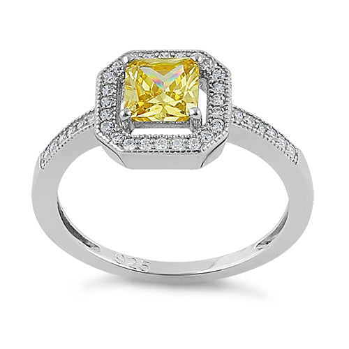 Sterling Silver Yellow CZ Cushion Halo Ring